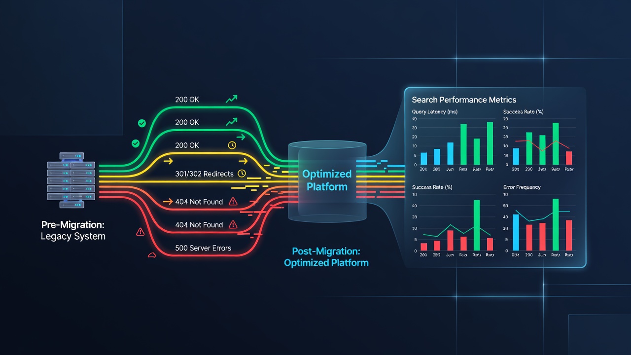 Chart illustrating changes in crawl budget and ranking positions following different response code implementations after migration